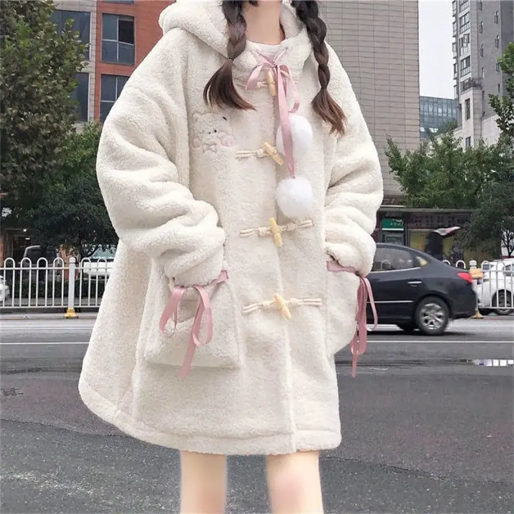 Winter Teddy Coat Women’s Oversized Hooded Jacket with Bows and Pockets - Women’s Clothing & Accessories - Hooded