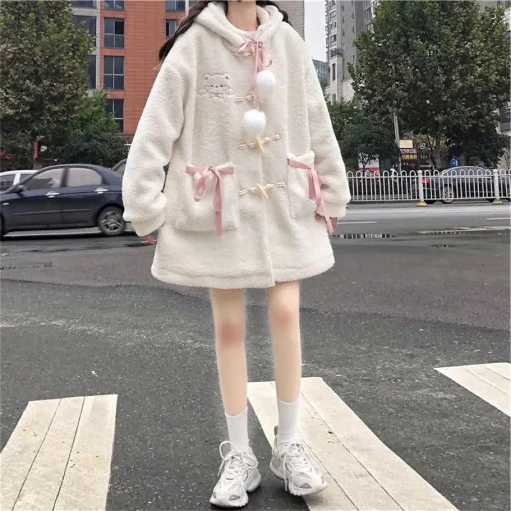 Winter Teddy Coat Women’s Oversized Hooded Jacket with Bows and Pockets - Women’s Clothing & Accessories - Hooded