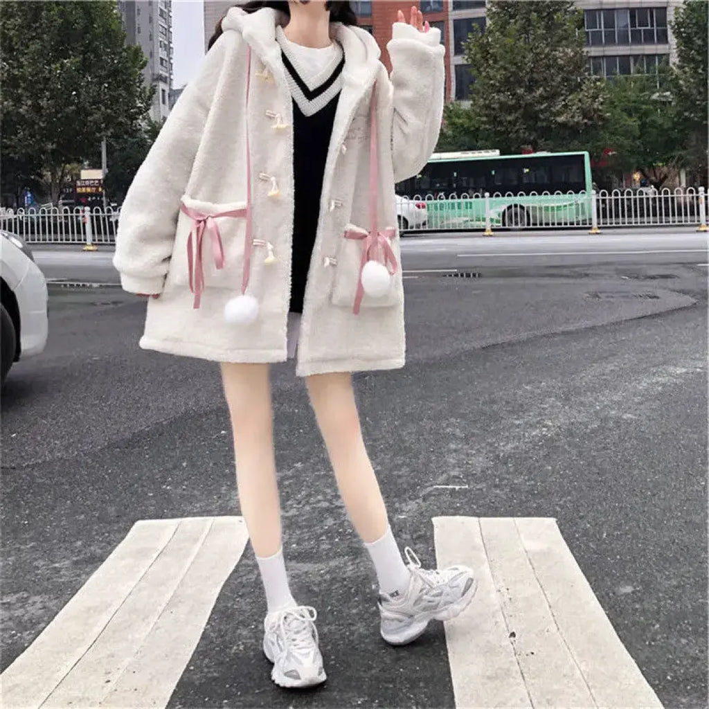 Winter Teddy Coat Women’s Oversized Hooded Jacket with Bows and Pockets - Women’s Clothing & Accessories - Hooded