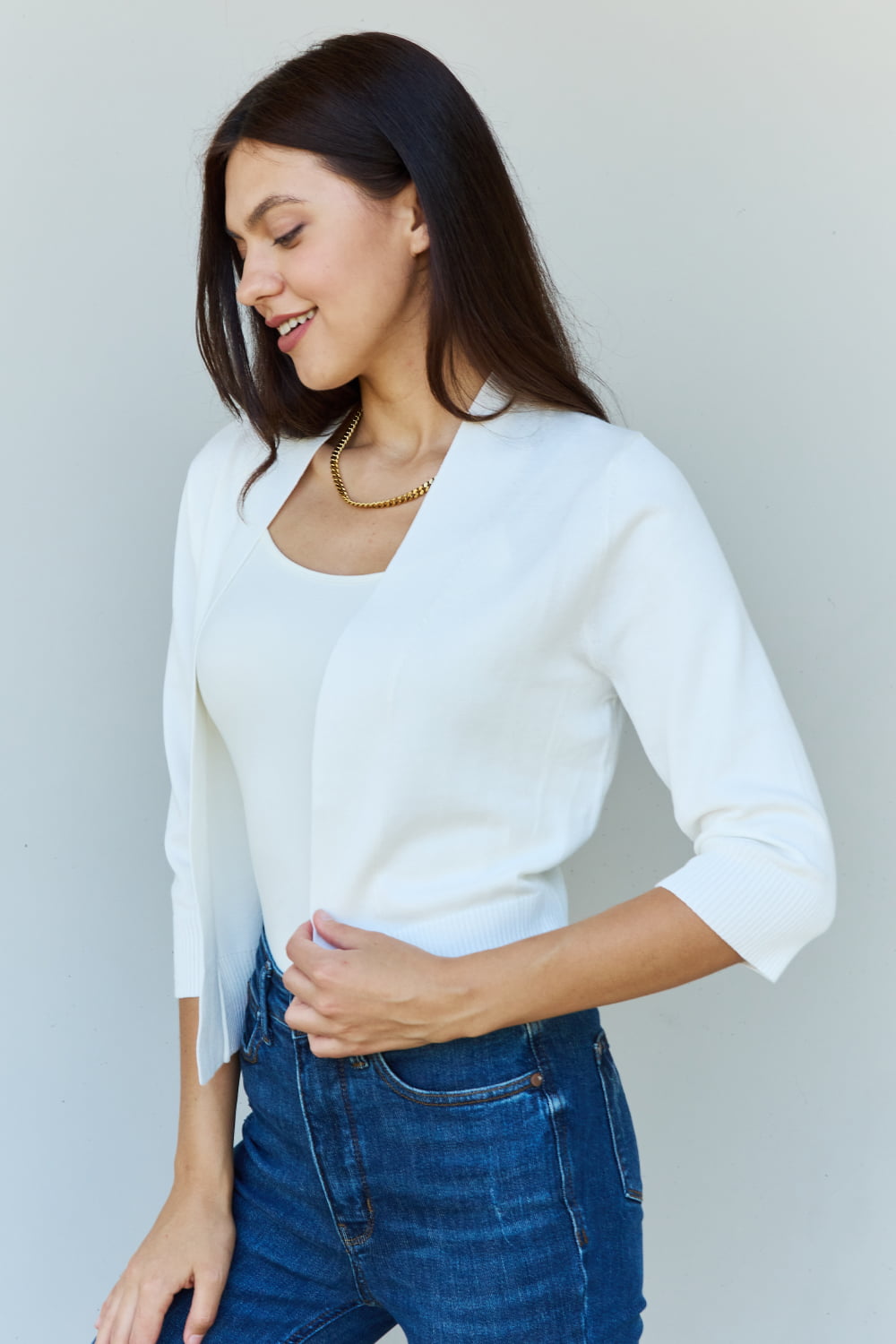 3/4 Sleeve Cropped Cardigan in Ivory - Women’s Clothing & Accessories - Shirts & Tops - 6 - 2024