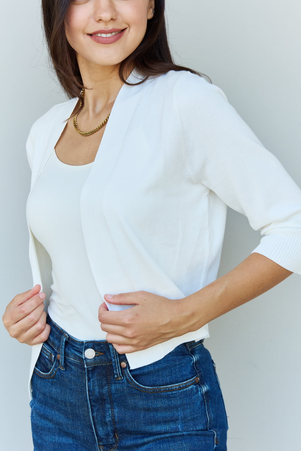 3/4 Sleeve Cropped Cardigan in Ivory - Women’s Clothing & Accessories - Shirts & Tops - 8 - 2024