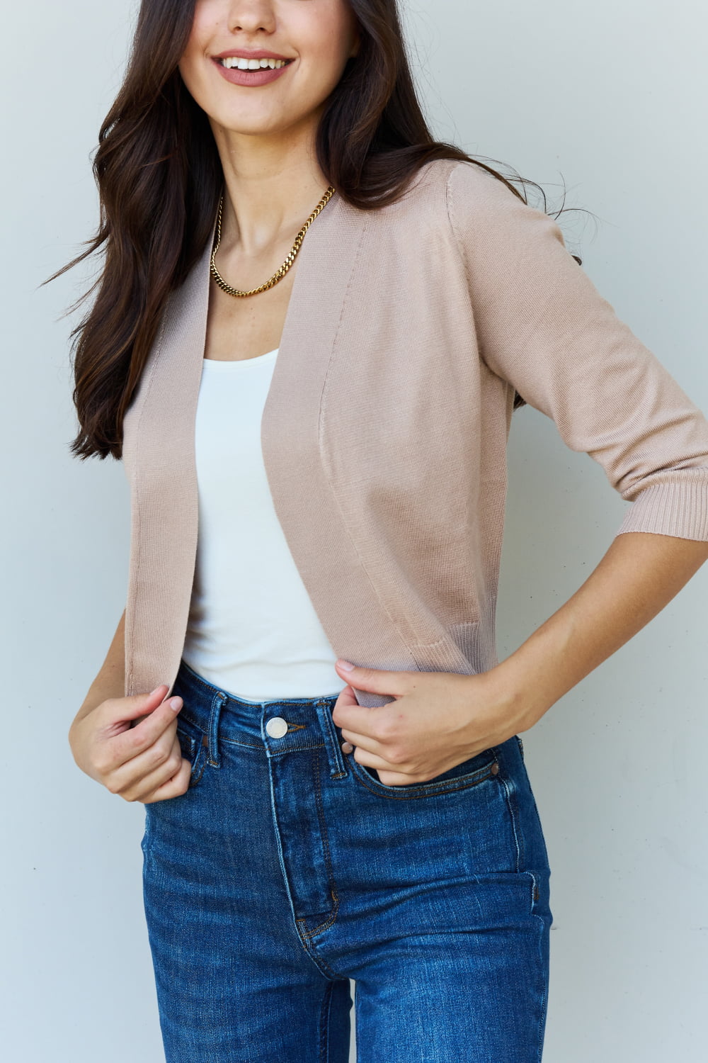 3/4 Sleeve Cropped Cardigan in Khaki - Women’s Clothing & Accessories - Shirts & Tops - 5 - 2024