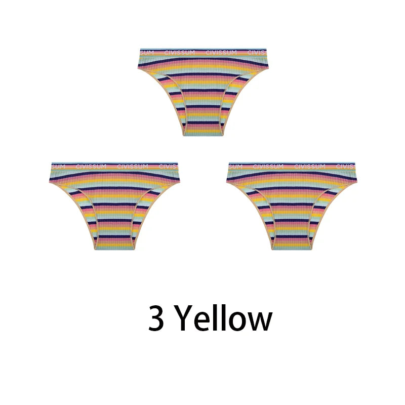 3-Pack Cotton Rainbow Striped Panties - Sexy Low Waist Lingerie for Women - Yellow / M 40-50KG / Set - Women’s