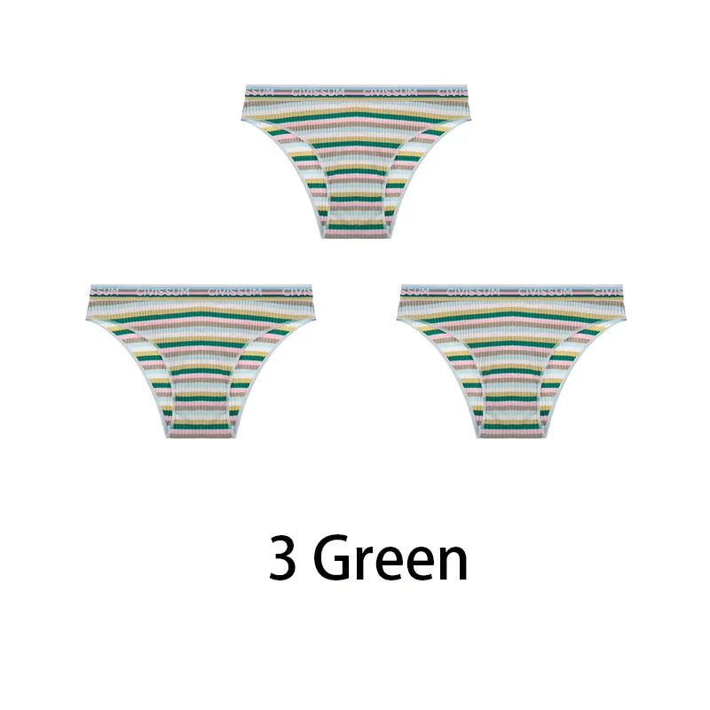 3-Pack Cotton Rainbow Striped Panties - Sexy Low Waist Lingerie for Women - Green / M 40-50KG / Set - Women’s