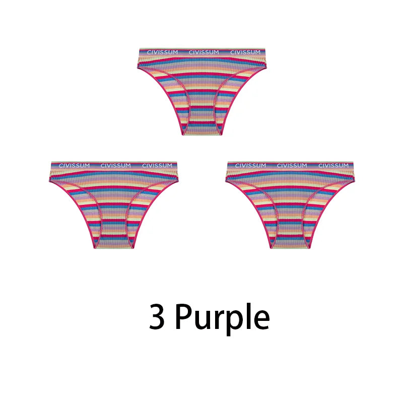 3-Pack Cotton Rainbow Striped Panties - Sexy Low Waist Lingerie for Women - Purple / M 40-50KG / Set - Women’s