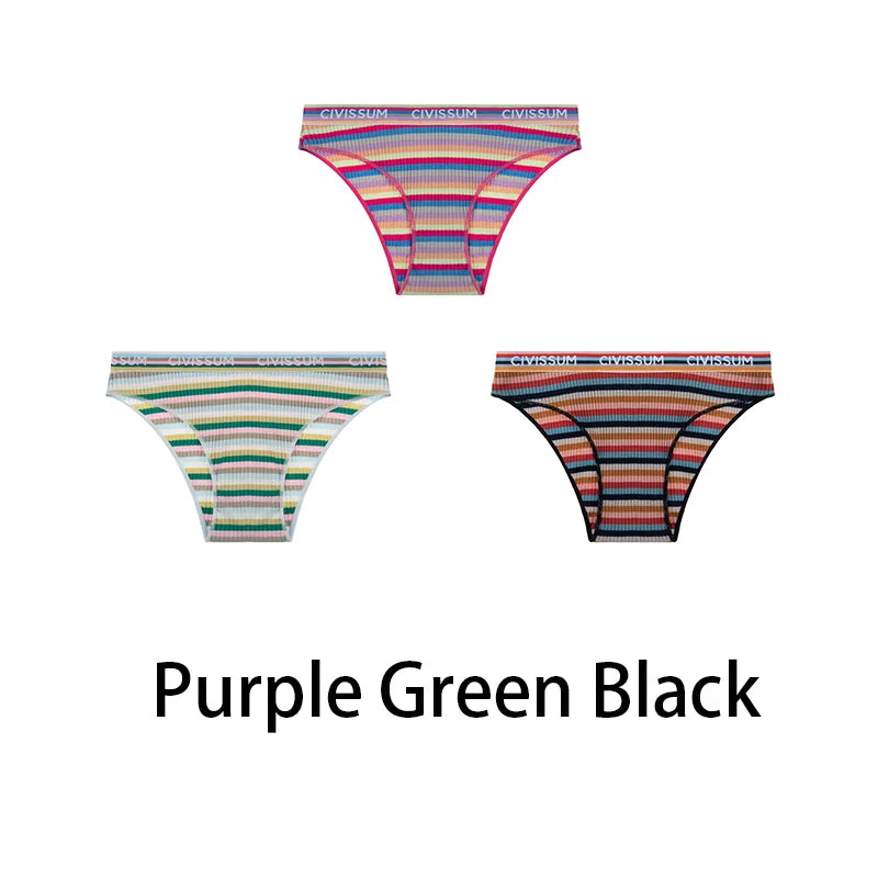 3-Pack Cotton Rainbow Striped Panties - Sexy Low Waist Lingerie for Women - Women’s Clothing & Accessories - Lingerie