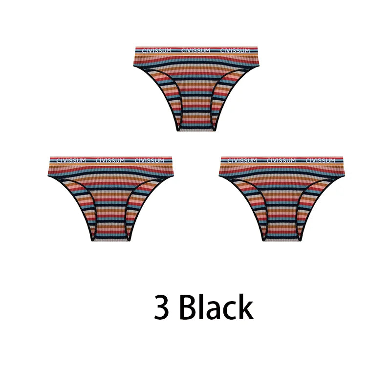 3-Pack Cotton Rainbow Striped Panties - Sexy Low Waist Lingerie for Women - Black / M 40-50KG / Set - Women’s