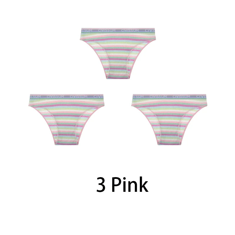 3-Pack Cotton Rainbow Striped Panties - Sexy Low Waist Lingerie for Women - Pink / M 40-50KG / Set - Women’s Clothing