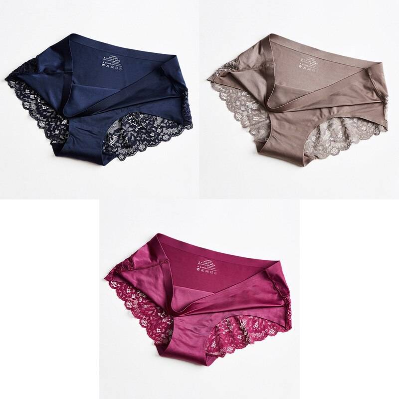 3 Seamless Panties With Lace - Blue/Brown/Red / L / Nearest Warehouse - Women’s Clothing & Accessories - Underwear &