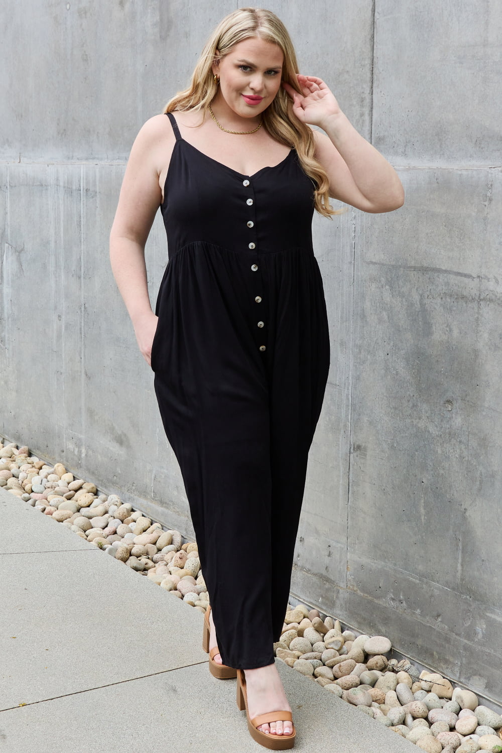All Day Full Size Wide Leg Button Down Jumpsuit in Black - Women’s Clothing & Accessories - Jumpsuits & Rompers - 5