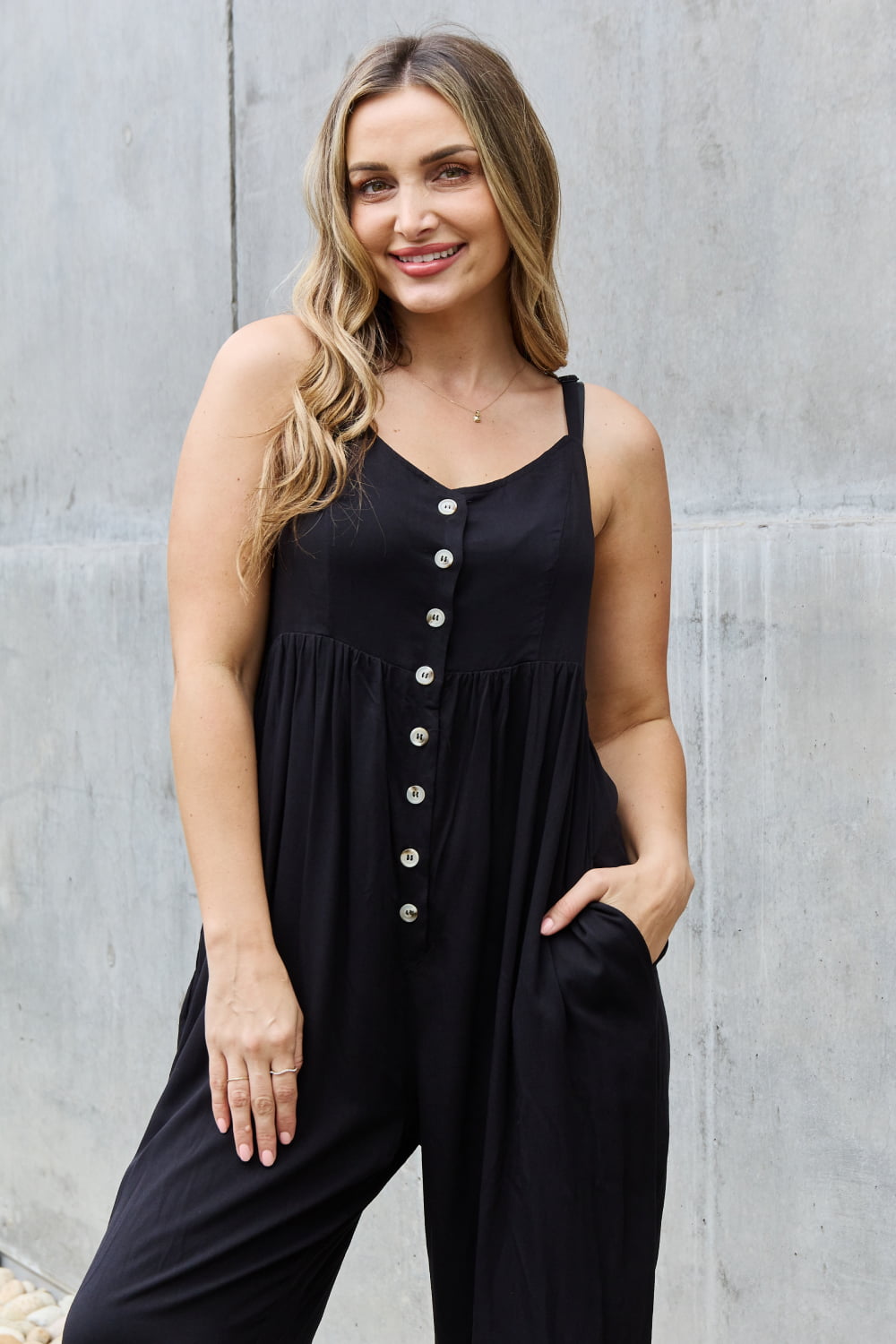 All Day Full Size Wide Leg Button Down Jumpsuit in Black - Women’s Clothing & Accessories - Jumpsuits & Rompers - 4
