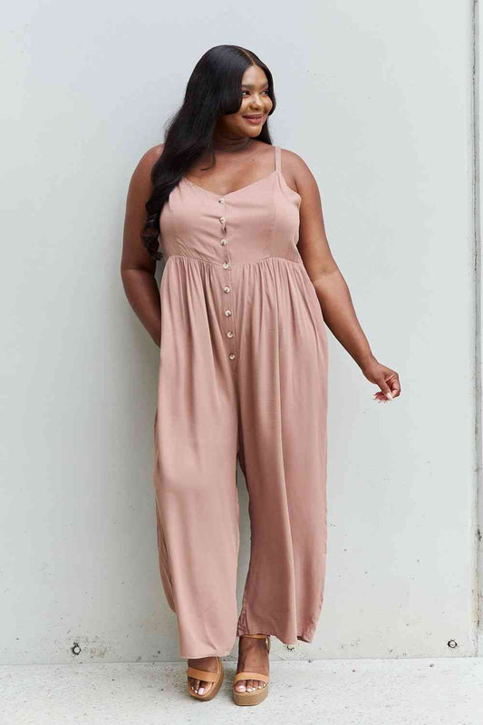 All Day Full Size Wide Leg Button Down Jumpsuit in Mocha - Dark Brown / S - Women’s Clothing & Accessories