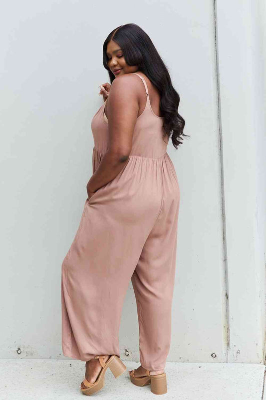 All Day Full Size Wide Leg Button Down Jumpsuit in Mocha - Women’s Clothing & Accessories - Jumpsuits & Rompers - 2