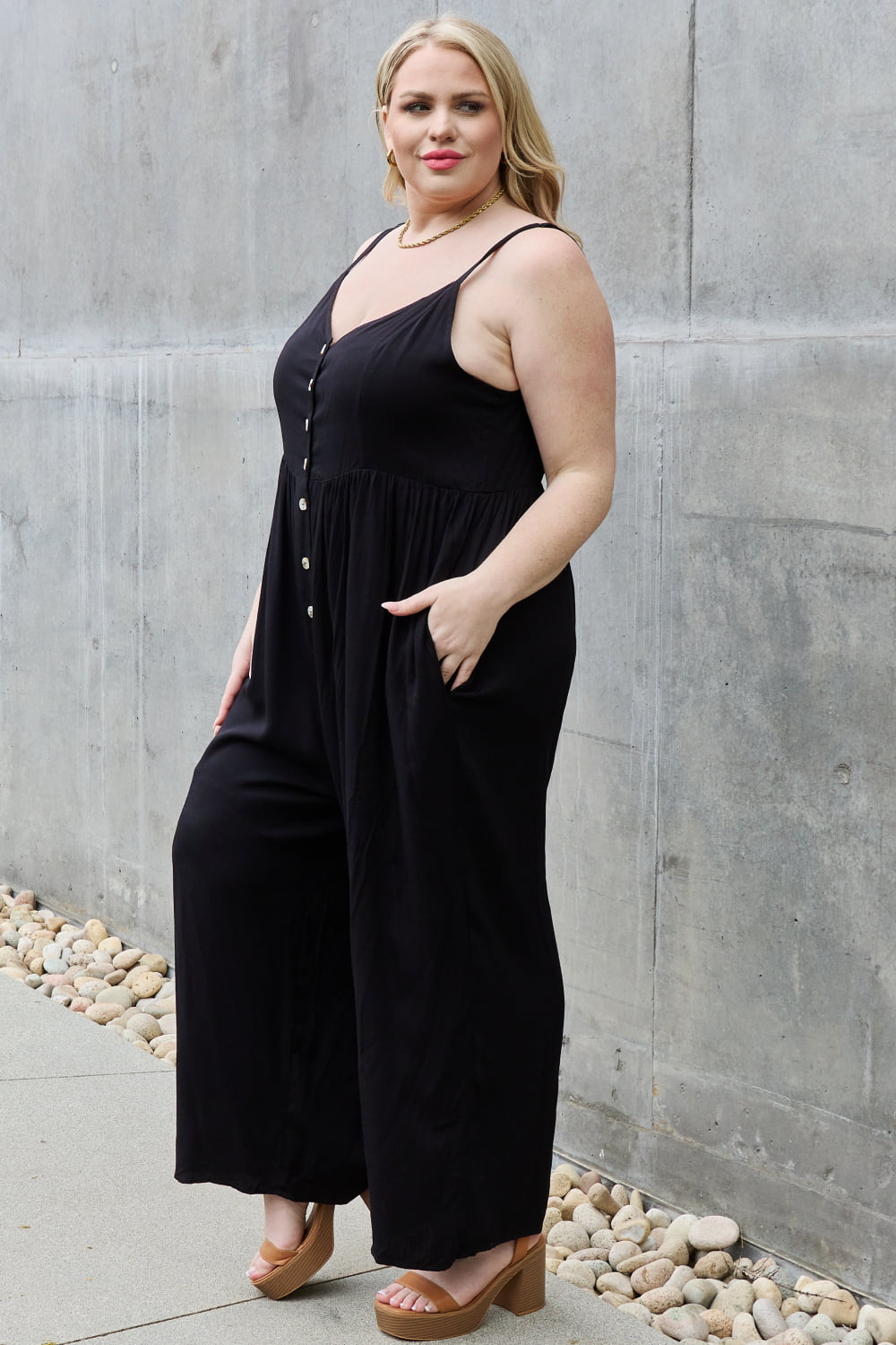 All Day Full Size Wide Leg Button Down Jumpsuit in Black - Women’s Clothing & Accessories - Jumpsuits & Rompers - 6
