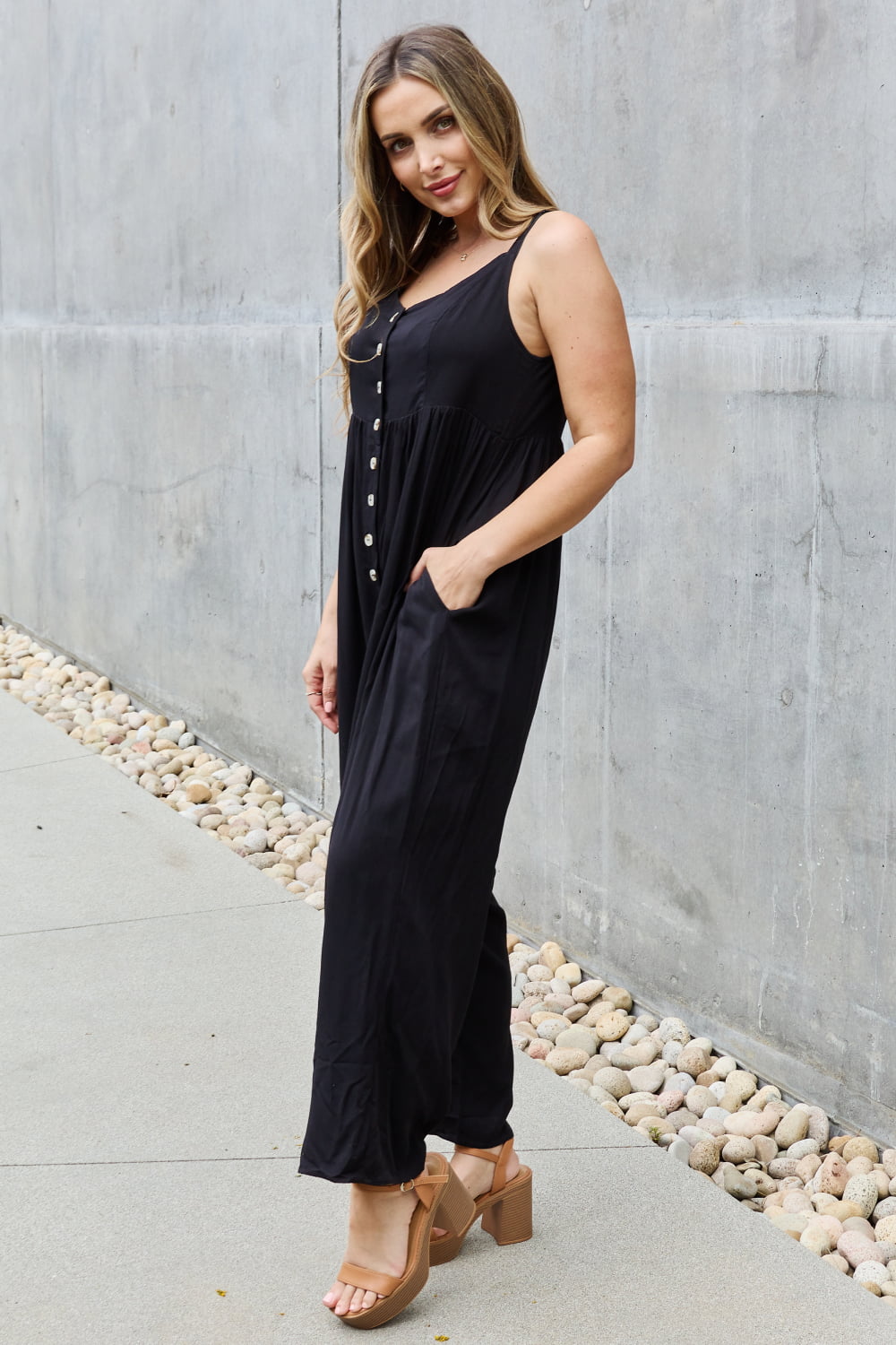 All Day Full Size Wide Leg Button Down Jumpsuit in Black - Women’s Clothing & Accessories - Jumpsuits & Rompers - 3
