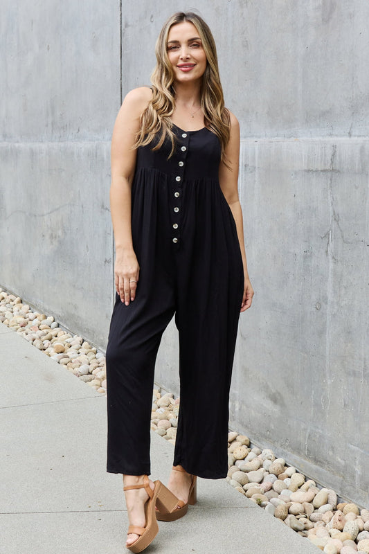 All Day Full Size Wide Leg Button Down Jumpsuit in Black - Black / S - Women’s Clothing & Accessories - Jumpsuits &