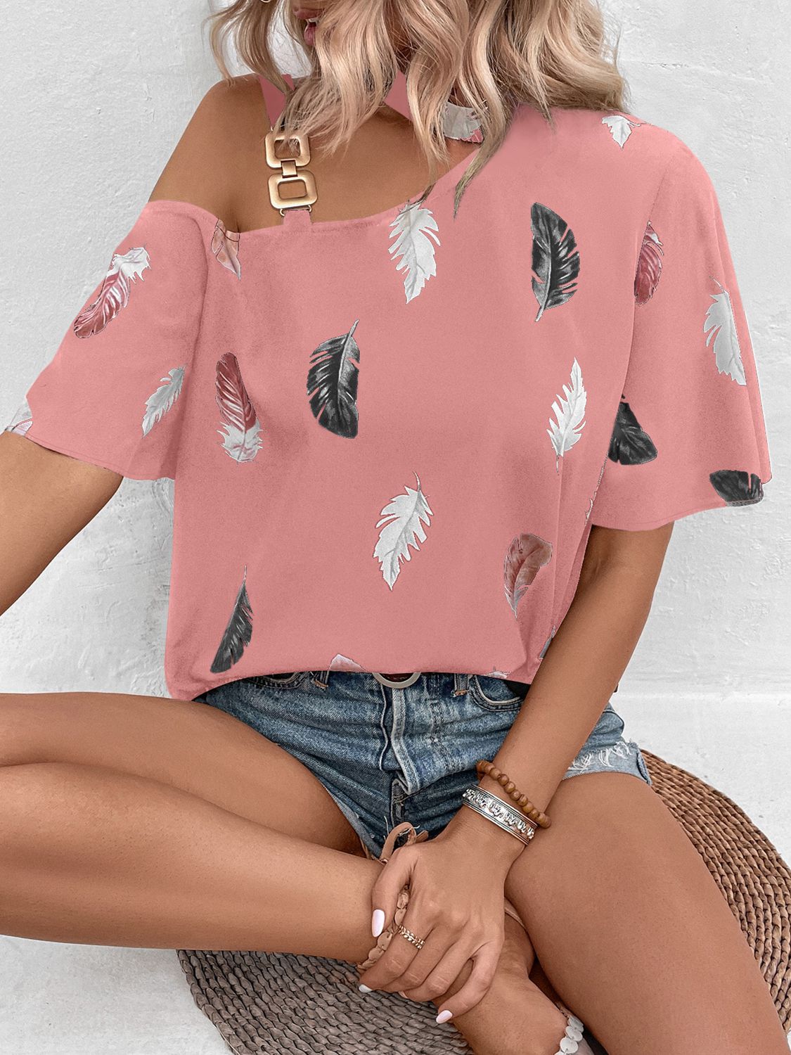 Asymmetrical One Shoulder Short Sleeve Printed Blouse - Women’s Clothing & Accessories - Shirts & Tops - 5 - 2024