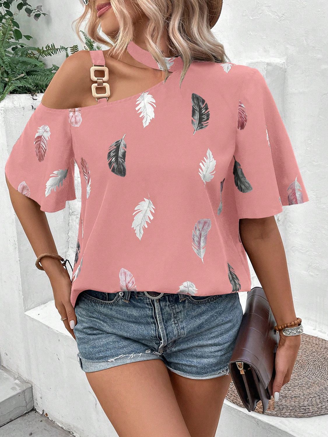 Asymmetrical One Shoulder Short Sleeve Printed Blouse - Women’s Clothing & Accessories - Shirts & Tops - 3 - 2024