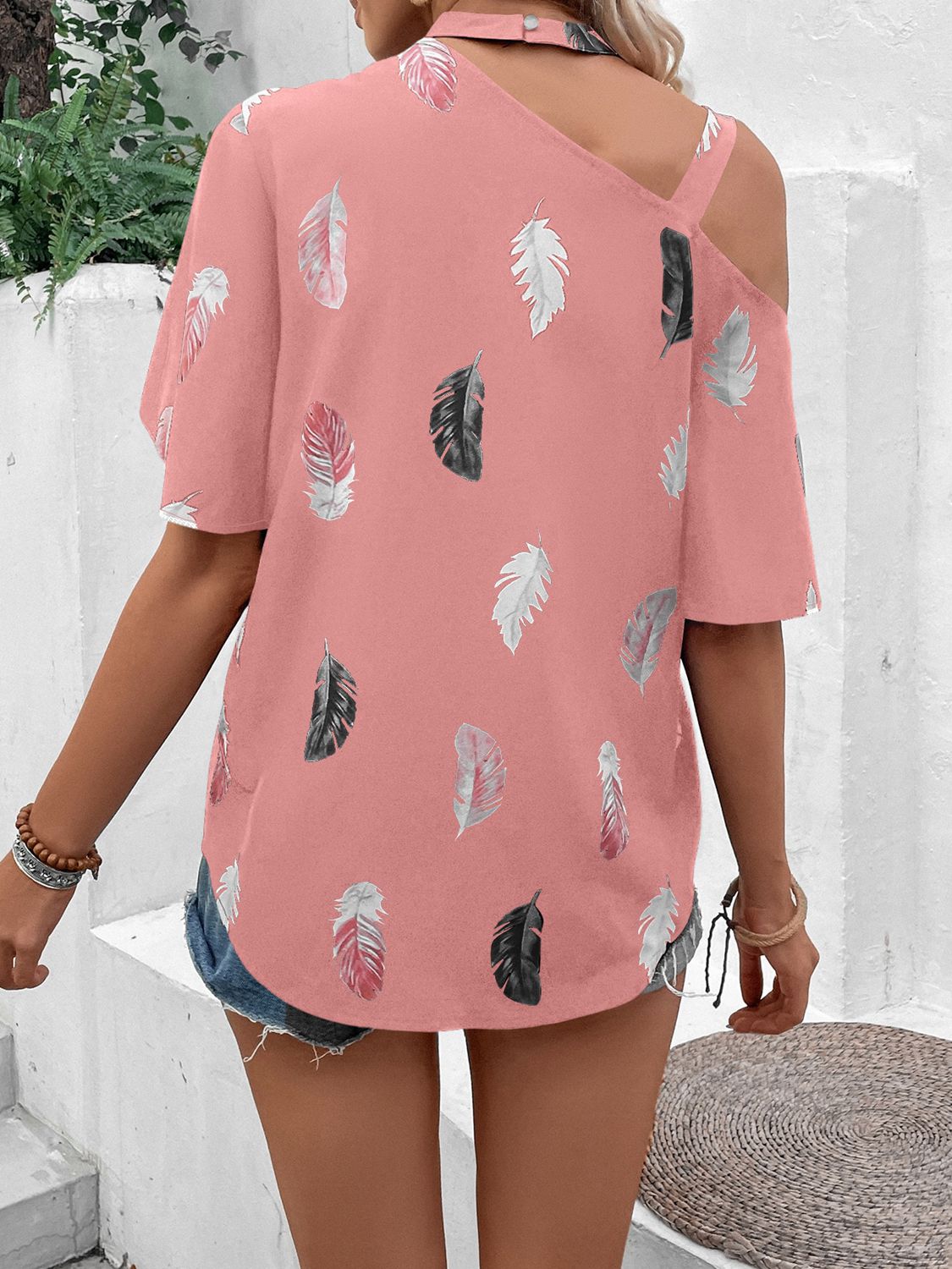 Asymmetrical One Shoulder Short Sleeve Printed Blouse - Women’s Clothing & Accessories - Shirts & Tops - 2 - 2024