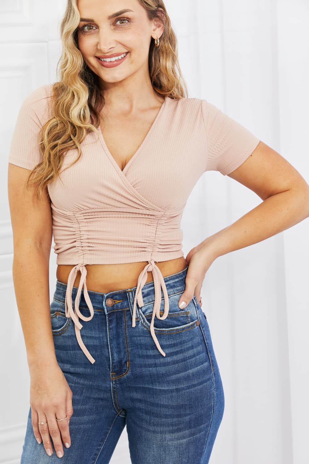Back To Simple Full Size Ribbed Front Scrunched Top in Blush - Women’s Clothing & Accessories - Shirts & Tops - 10