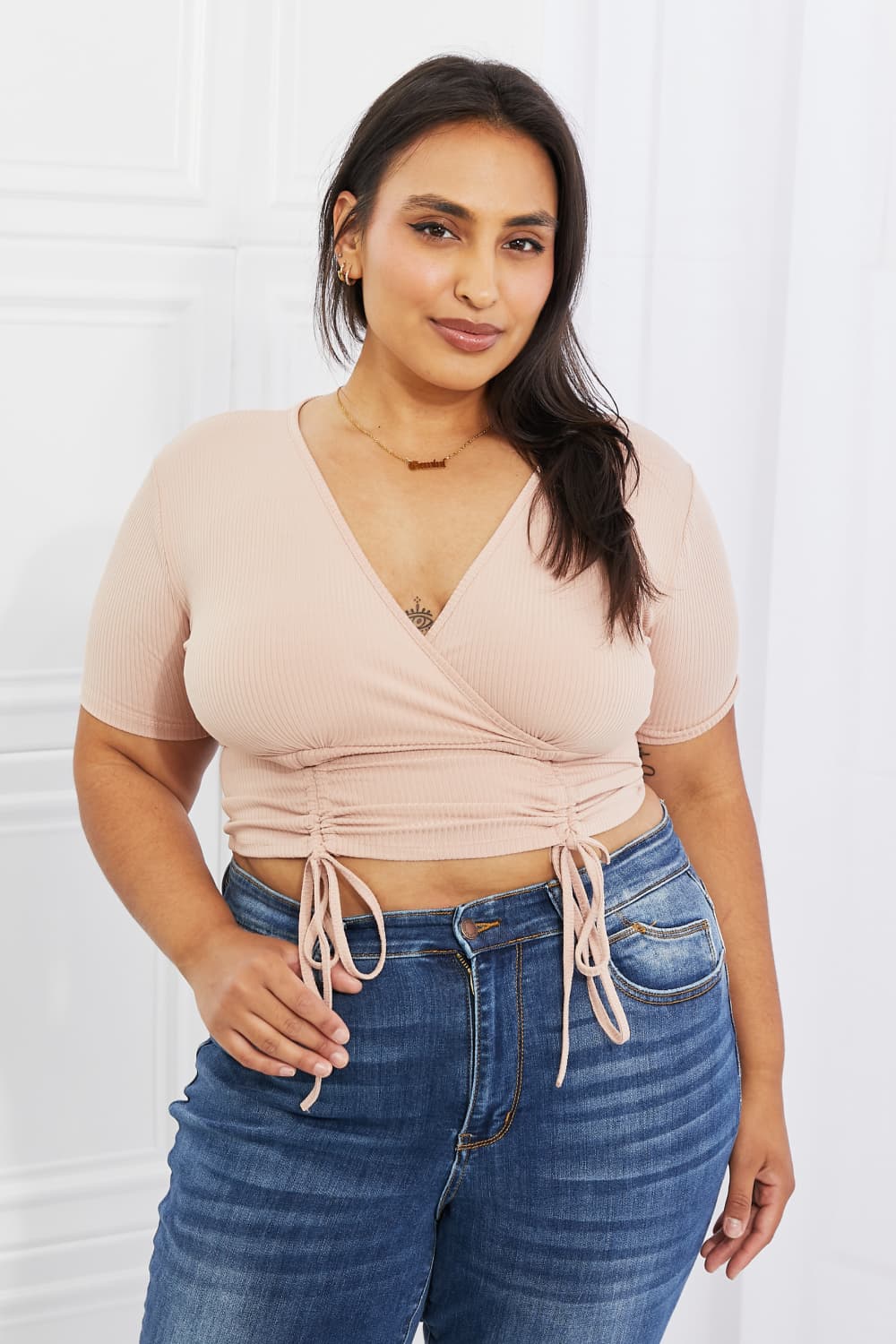 Back To Simple Full Size Ribbed Front Scrunched Top in Blush - Light Orange / S - Women’s Clothing & Accessories