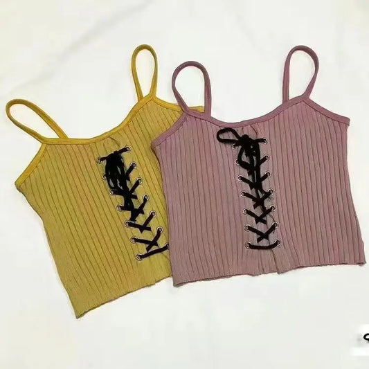 Backless Knitted Crop Top - Sleeveless Kawaii Cute Camis - Yellow / One Size - Women’s Clothing & Accessories
