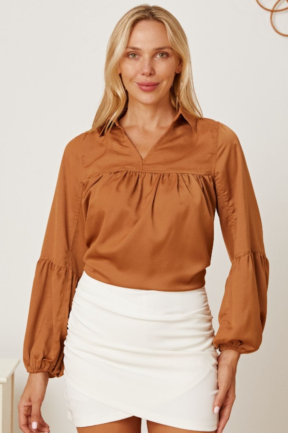 Balloon Sleeve Collared Neck Blouse - Khaki / S - Women’s Clothing & Accessories - Shirts & Tops - 1 - 2024