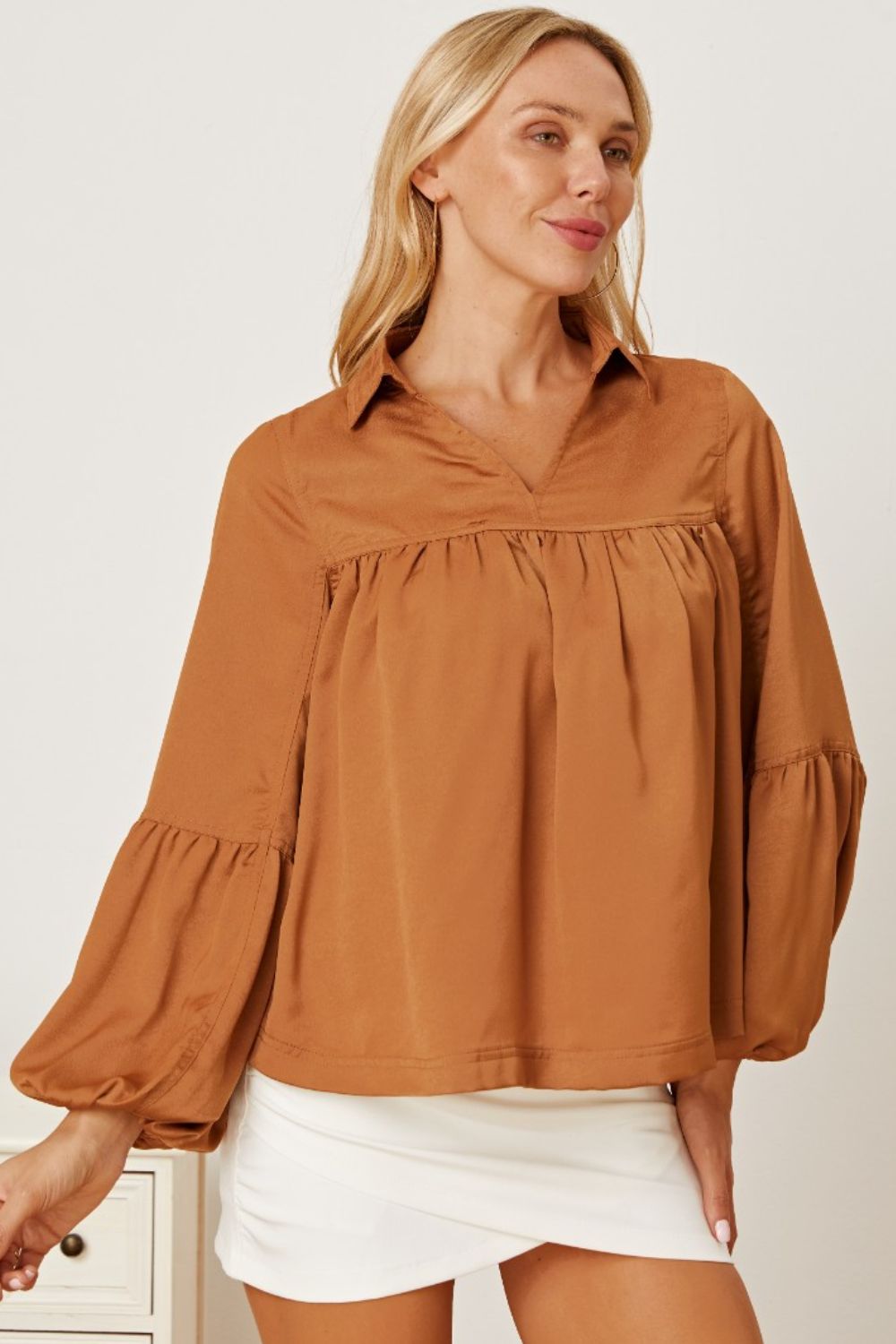Balloon Sleeve Collared Neck Blouse - Women’s Clothing & Accessories - Shirts & Tops - 3 - 2024