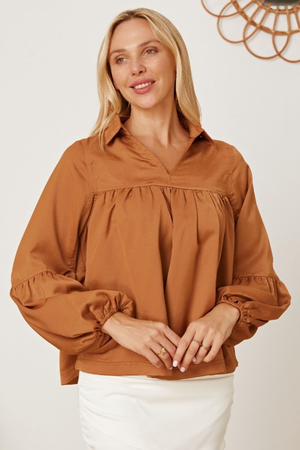 Balloon Sleeve Collared Neck Blouse - Women’s Clothing & Accessories - Shirts & Tops - 2 - 2024