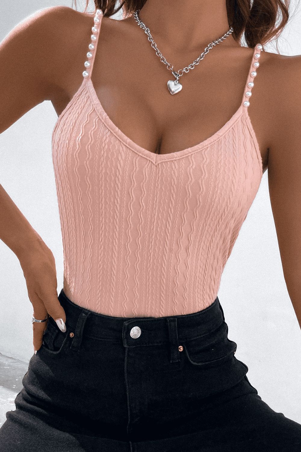 Beads Detail Spaghetti Straps Cable-Knit Cami - Women’s Clothing & Accessories - Shirts & Tops - 3 - 2024