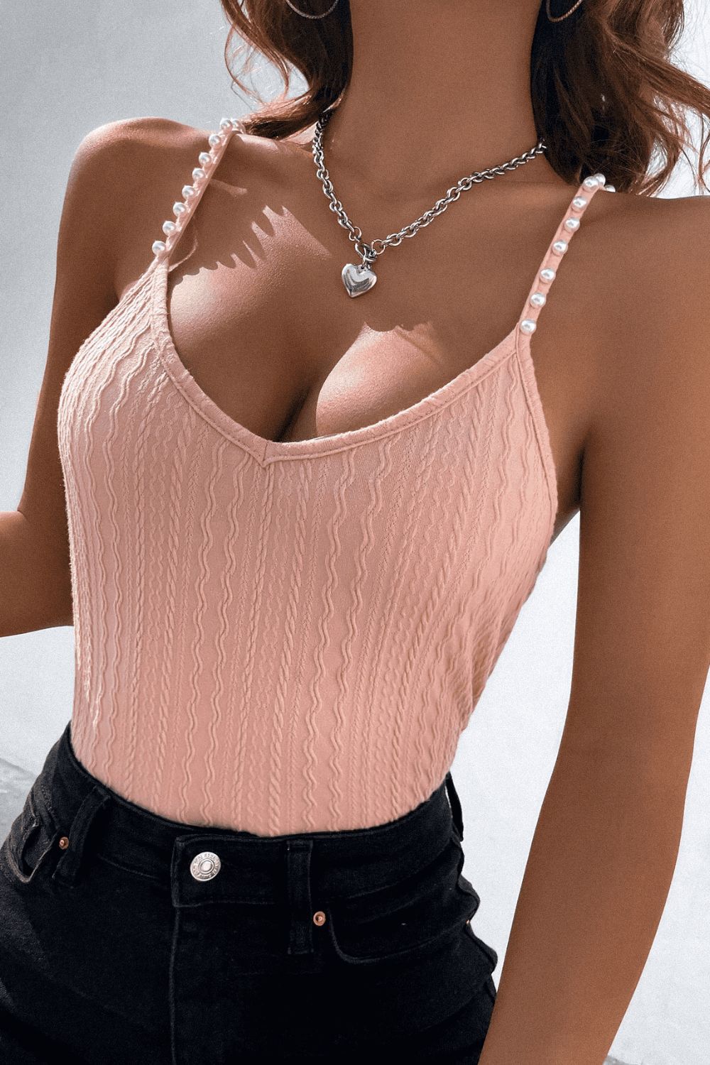 Beads Detail Spaghetti Straps Cable-Knit Cami - Pink / XS - Women’s Clothing & Accessories - Shirts & Tops - 1 - 2024