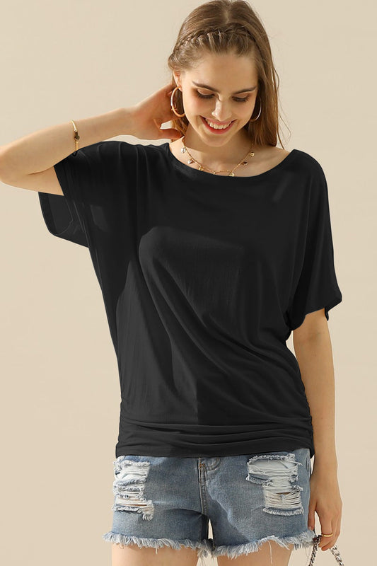 Boat Neck Short Sleeve Ruched Side Top - BLACK / S - Women’s Clothing & Accessories - Shirts & Tops - 1 - 2024