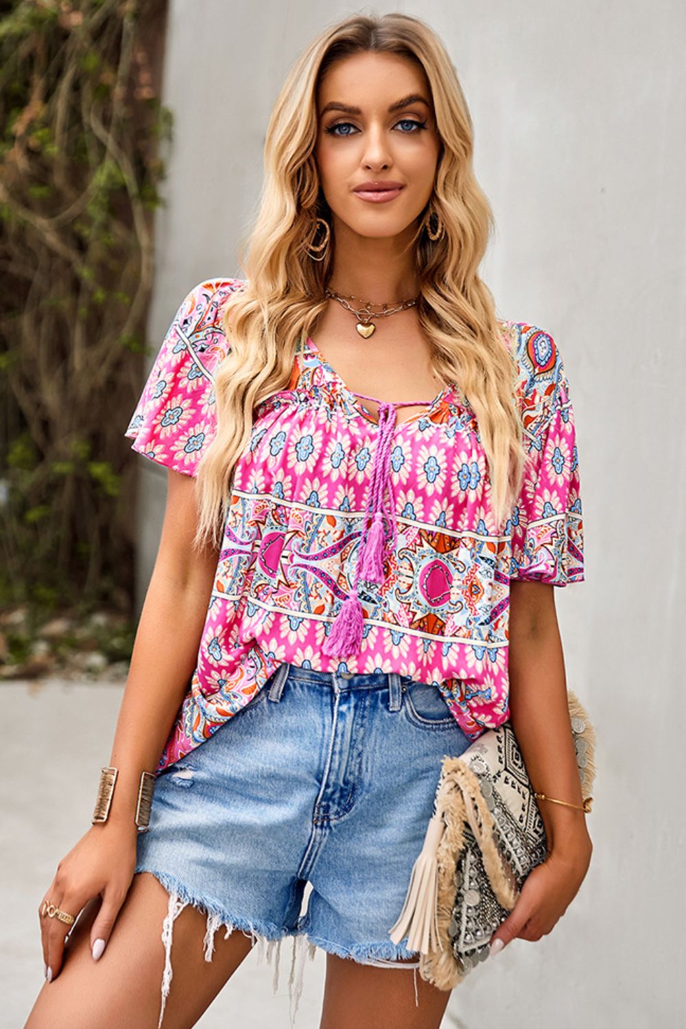 Bohemian Tied Flutter Sleeve Blouse - Pink / S - Women’s Clothing & Accessories - Shirts & Tops - 1 - 2024