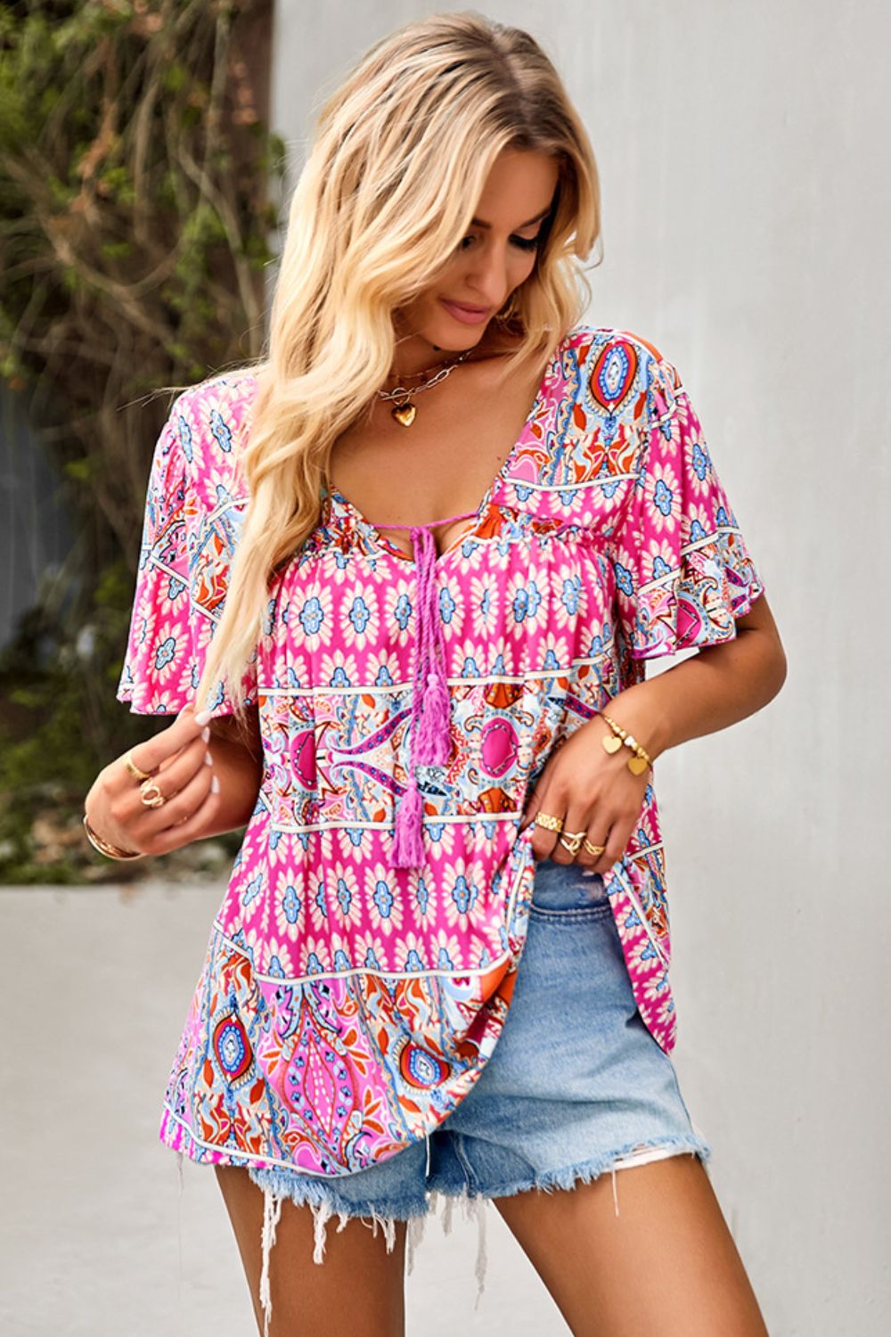 Bohemian Tied Flutter Sleeve Blouse - Women’s Clothing & Accessories - Shirts & Tops - 3 - 2024