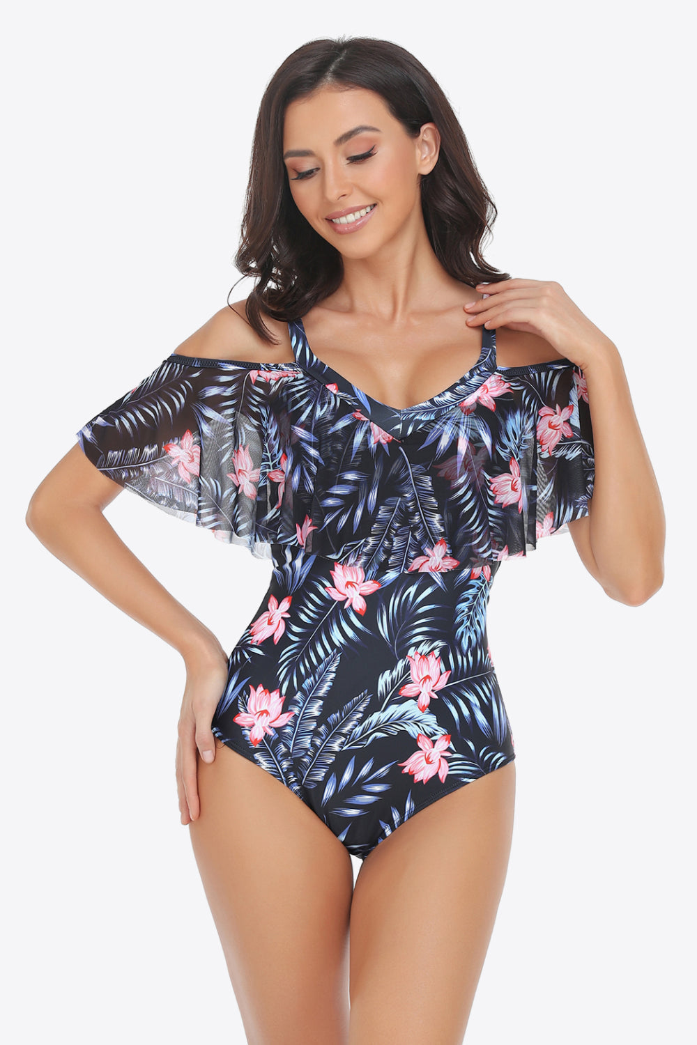 Botanical Print Cold-Shoulder Layered One-Piece Swimsuit - Floral / S - Women’s Clothing & Accessories - Swimwear - 1