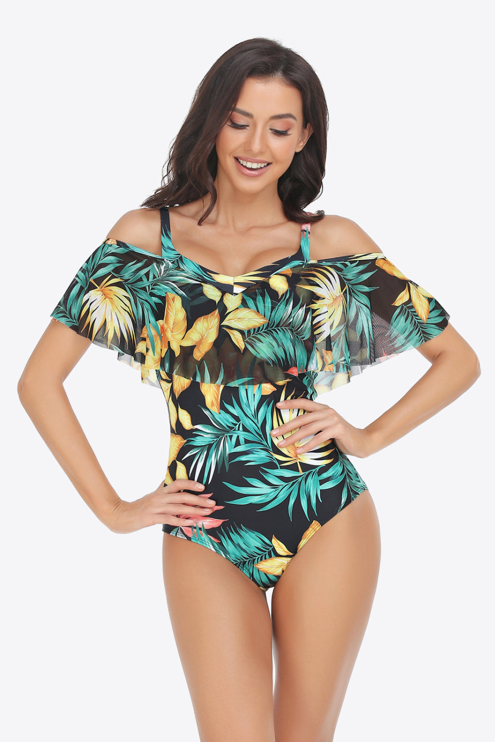 Botanical Print Cold-Shoulder Layered One-Piece Swimsuit - Green / S - Women’s Clothing & Accessories - Swimwear - 7