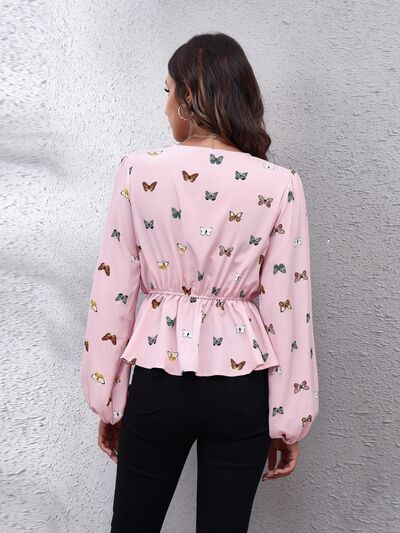 Butterfly V-Neck Balloon Sleeve Peplum Blouse - Women’s Clothing & Accessories - Shirts & Tops - 2 - 2024