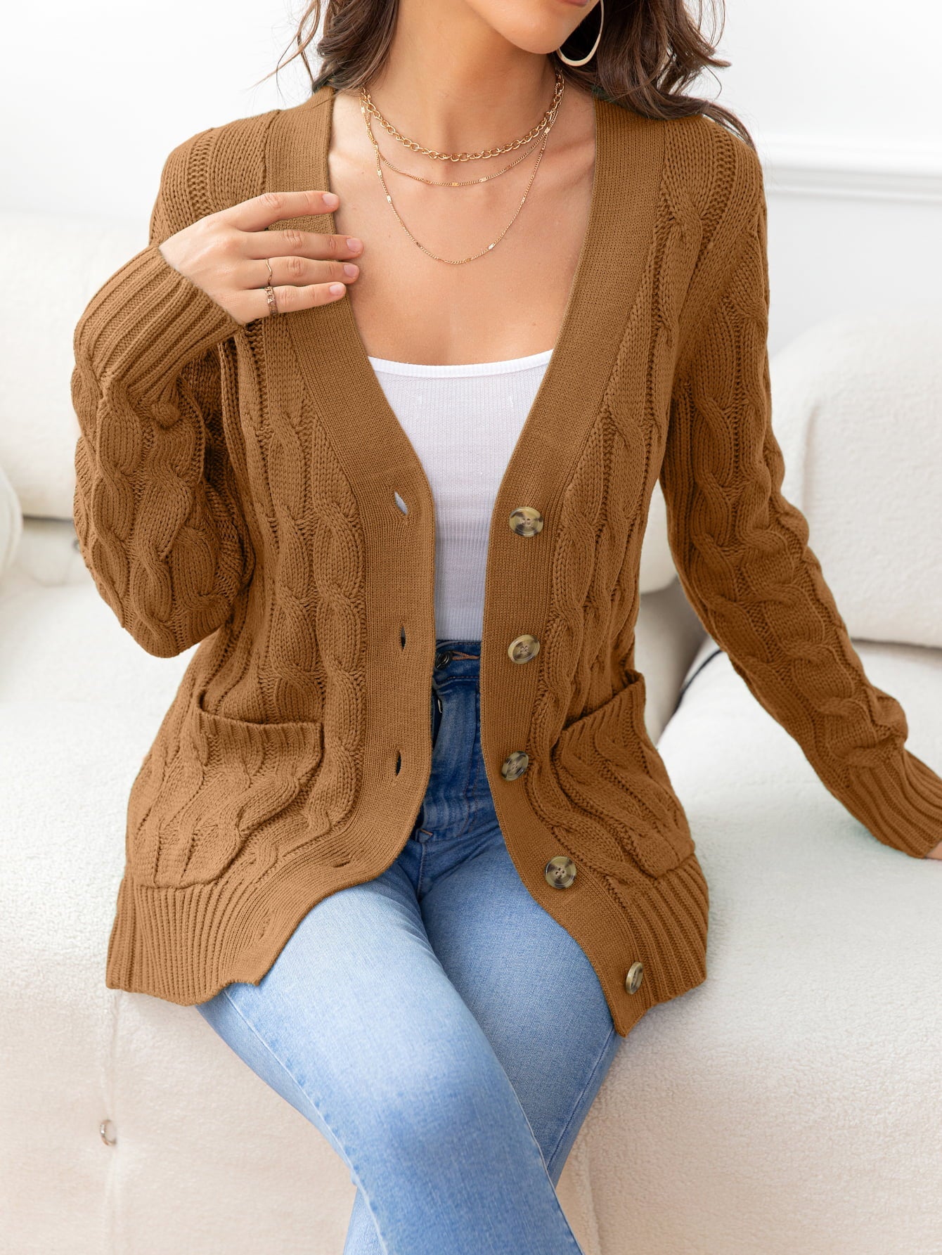 Button Down Cable-Knit Cardigan - Brown / S - Women’s Clothing & Accessories - Shirts & Tops - 43 - 2024