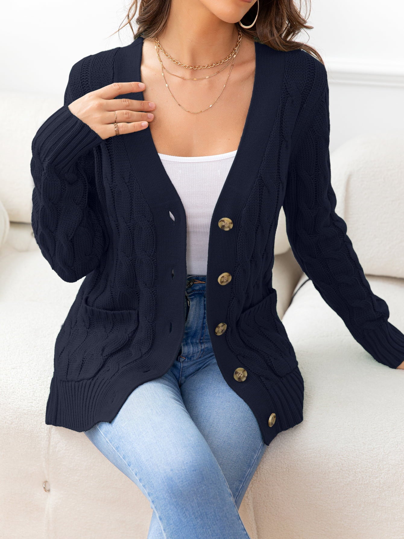 Button Down Cable-Knit Cardigan - Dark Blue / S - Women’s Clothing & Accessories - Shirts & Tops - 40 - 2024