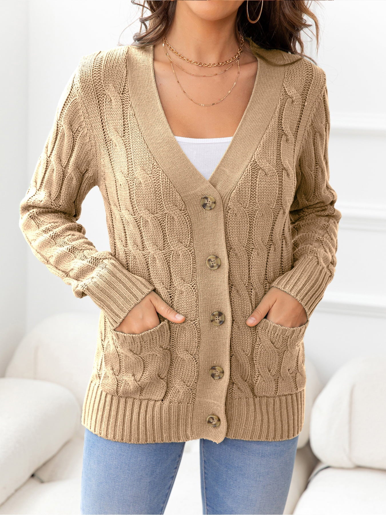 Button Down Cable-Knit Cardigan - Khaki / S - Women’s Clothing & Accessories - Shirts & Tops - 41 - 2024