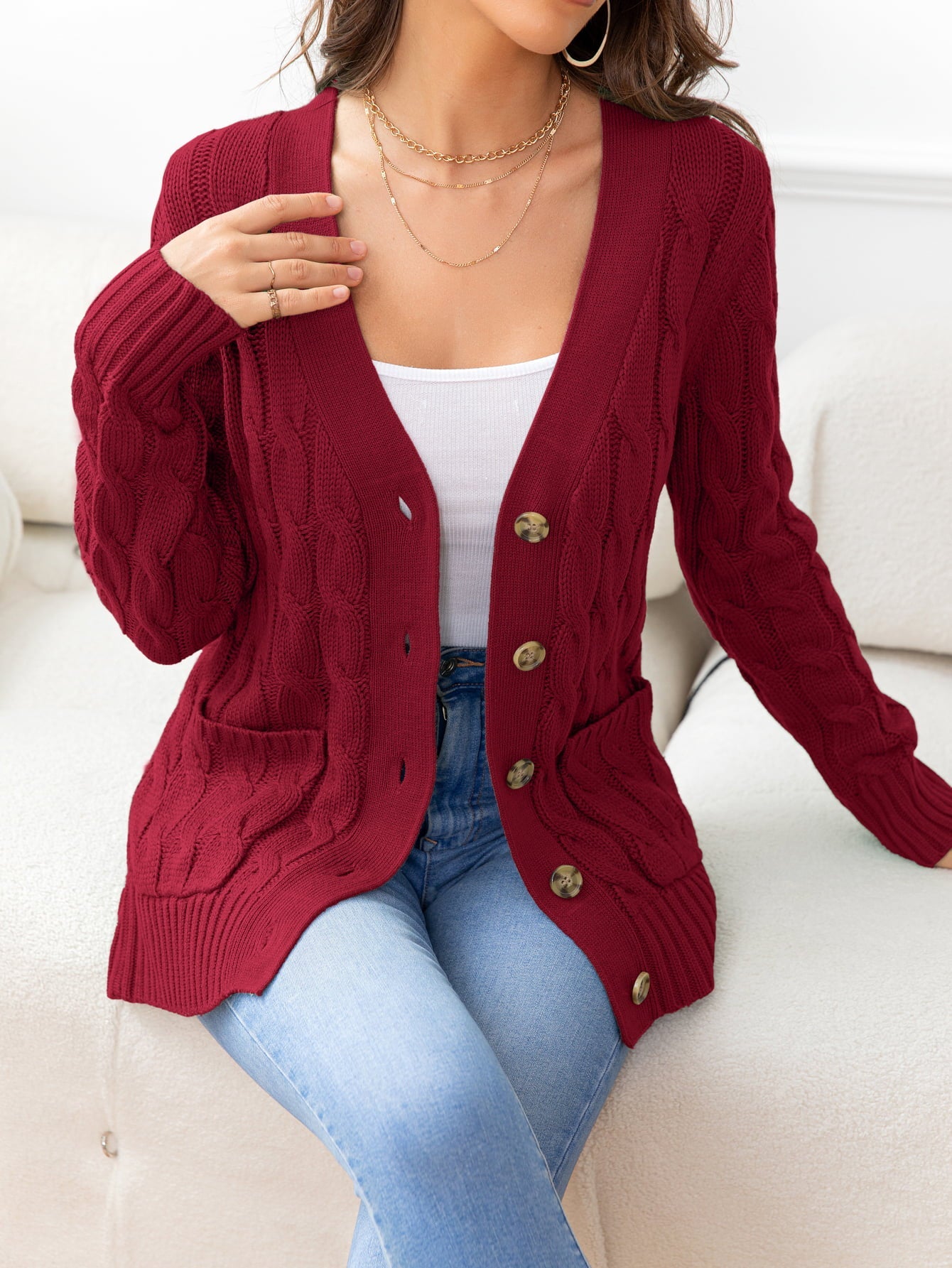 Button Down Cable-Knit Cardigan - Women’s Clothing & Accessories - Shirts & Tops - 4 - 2024
