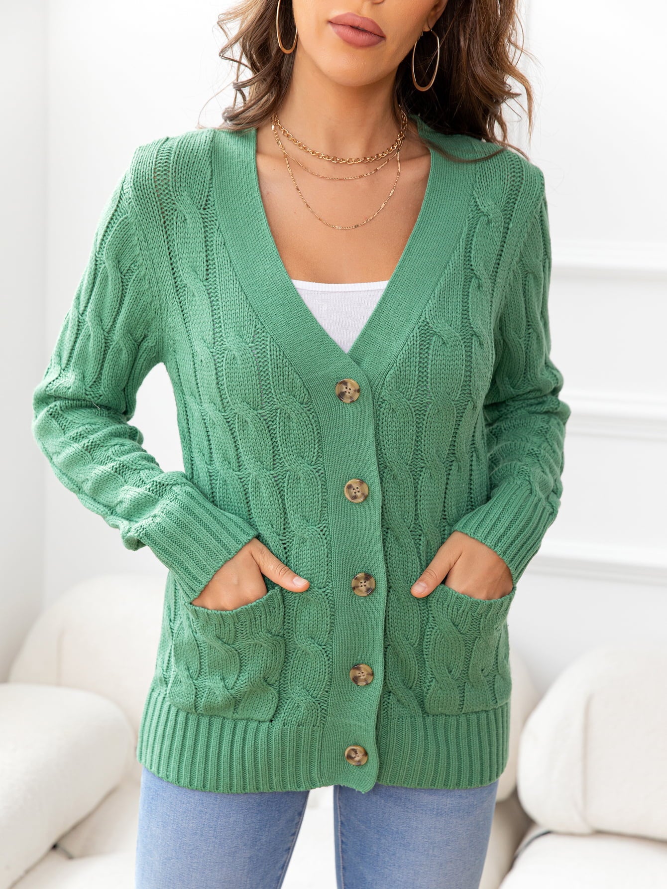 Button Down Cable-Knit Cardigan - Green / S - Women’s Clothing & Accessories - Shirts & Tops - 38 - 2024