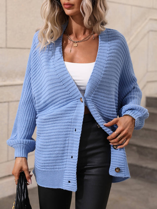Button Down Horizontal-Ribbing Longline Cardigan - Light Blue / S - Women’s Clothing & Accessories - Shirts & Tops