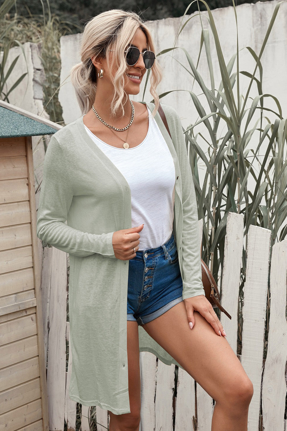 Button Down Long Sleeve Longline Cardigan - Light Gray / S - Women’s Clothing & Accessories - Shirts & Tops - 19 - 2024
