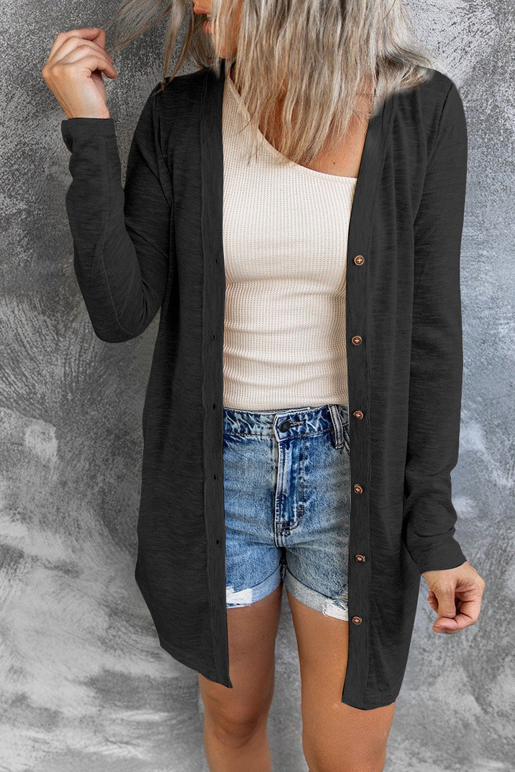 Button Down Long Sleeve Longline Cardigan - Black / S - Women’s Clothing & Accessories - Shirts & Tops - 11 - 2024