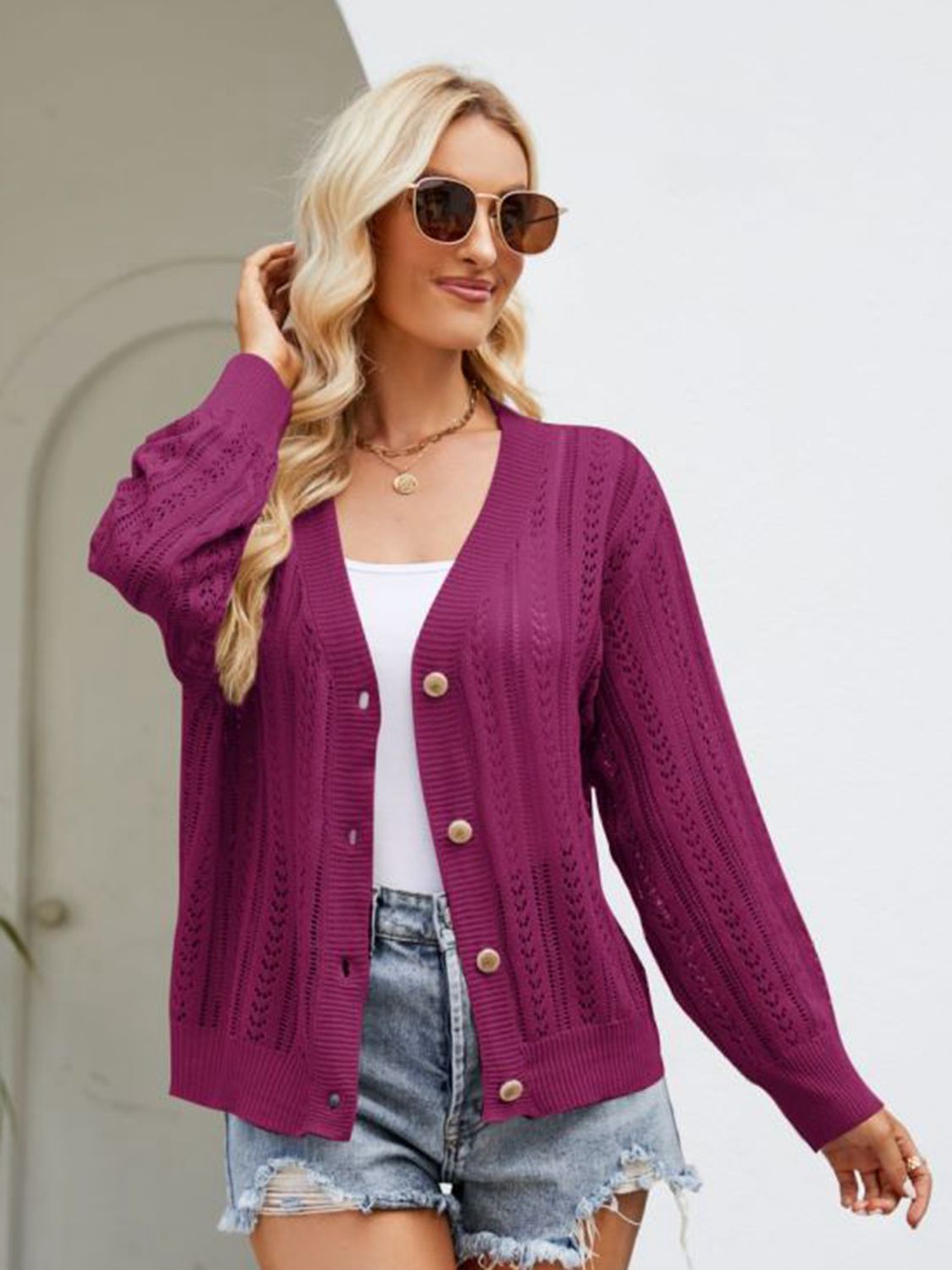 Button Down Ribbed Trim Cardigan - Women’s Clothing & Accessories - Shirts & Tops - 3 - 2024