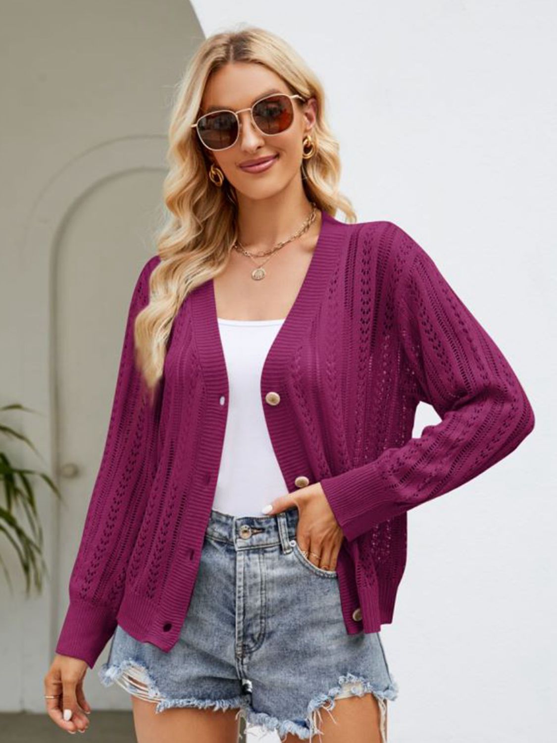 Button Down Ribbed Trim Cardigan - Purple / S - Women’s Clothing & Accessories - Shirts & Tops - 1 - 2024