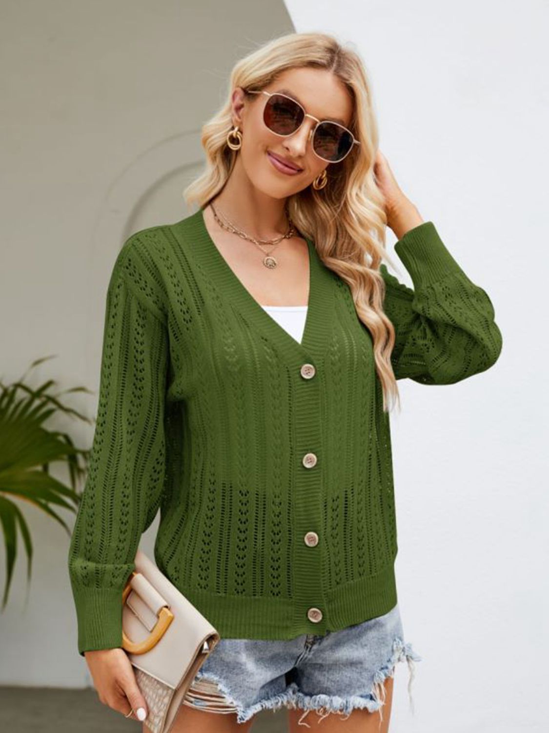 Button Down Ribbed Trim Cardigan - Women’s Clothing & Accessories - Shirts & Tops - 8 - 2024