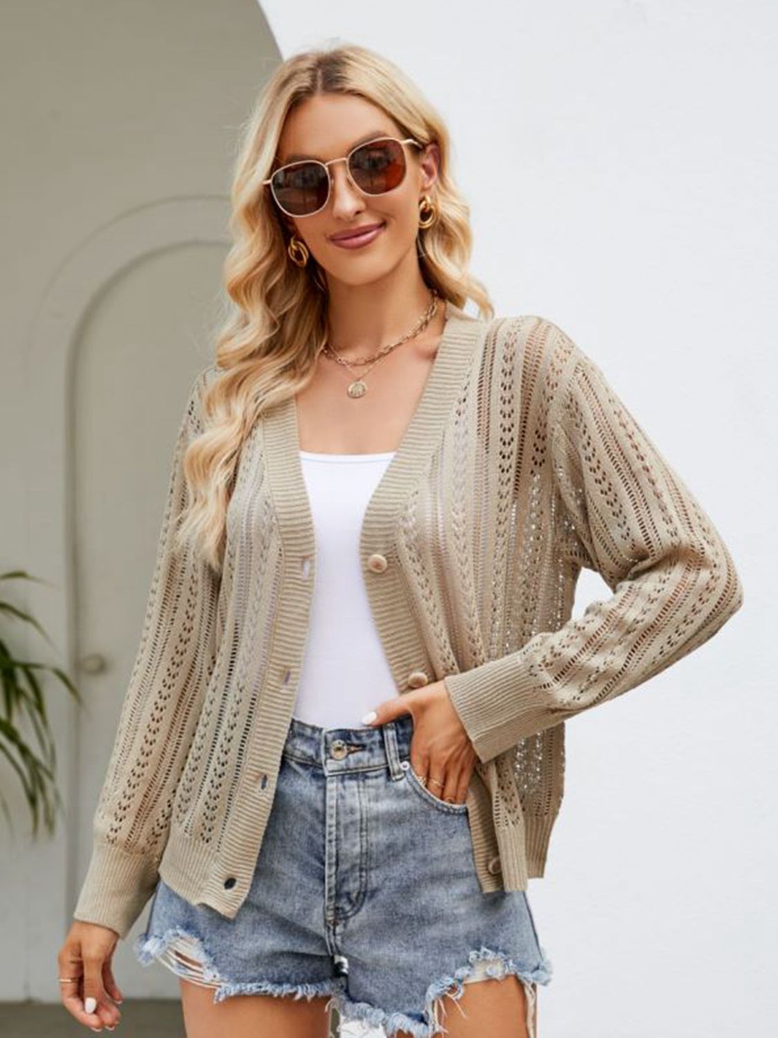 Button Down Ribbed Trim Cardigan - Khaki / S - Women’s Clothing & Accessories - Shirts & Tops - 4 - 2024