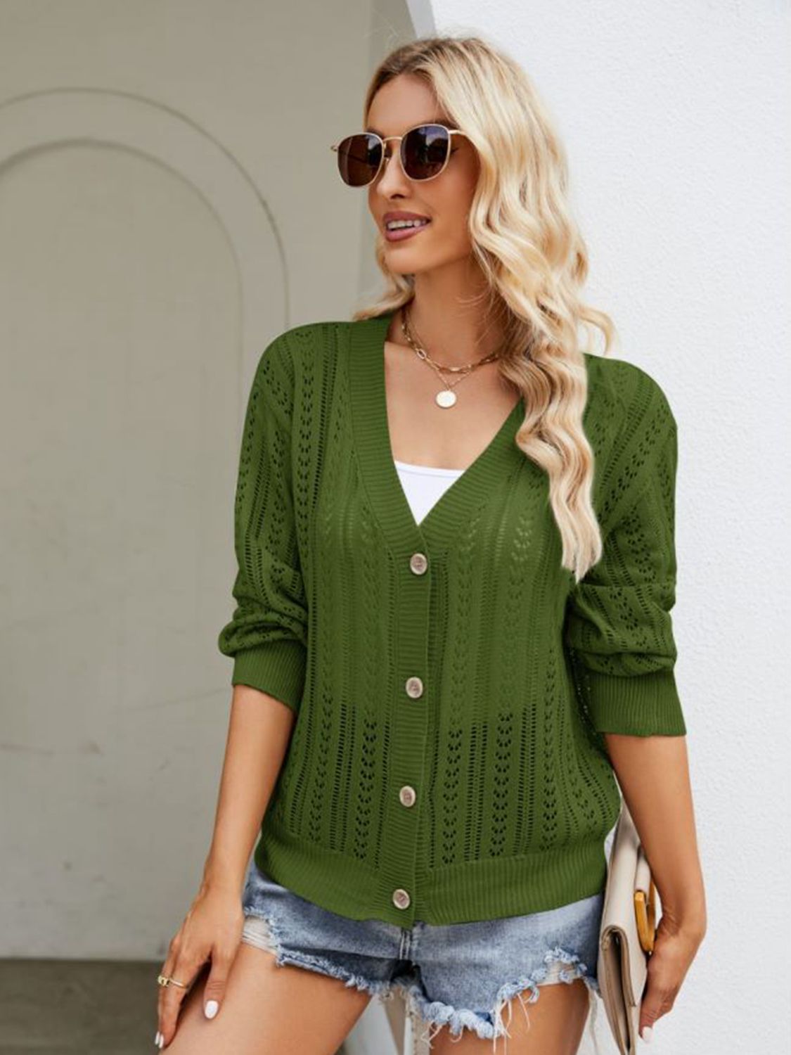 Button Down Ribbed Trim Cardigan - Dark Green / S - Women’s Clothing & Accessories - Shirts & Tops - 7 - 2024